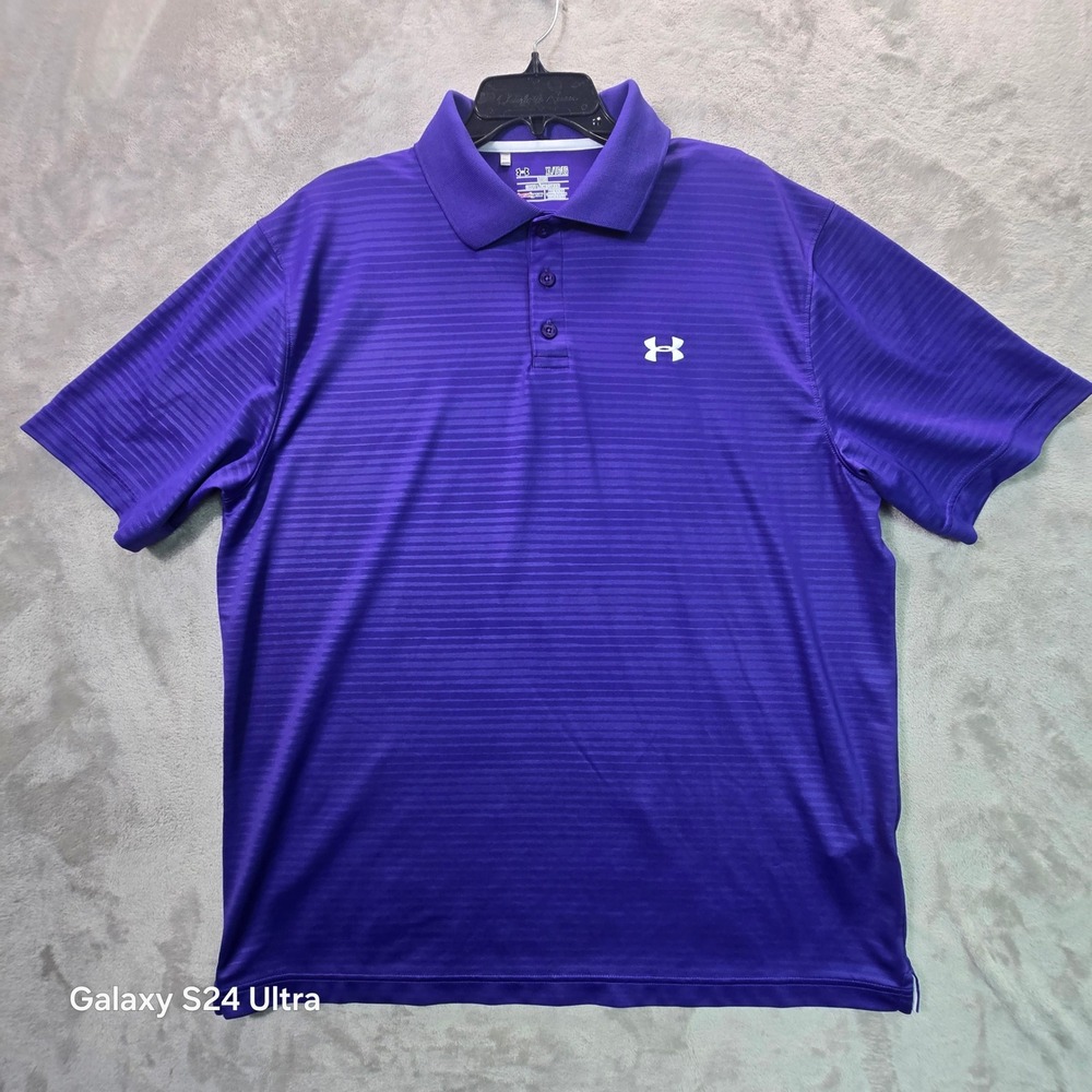 Under Armour HeatGear Mens XL Purple Striped Loose Fit Short Sleeve Golf Polo